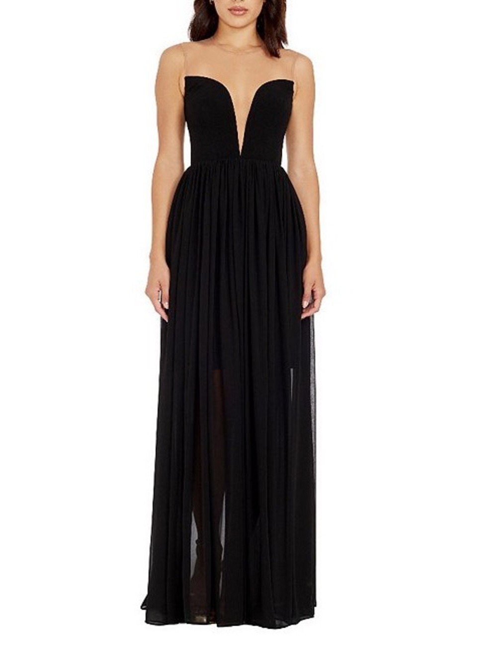 Dress the Population Illusion Plunge Neck Sleeveless Chiffon Gown Black L NWT